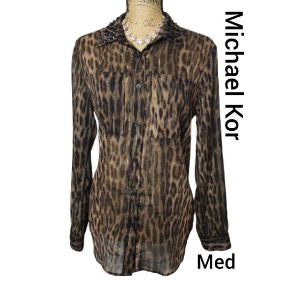Michael Michael Kor Button Up Semi Sheer Embellished Blouse Medium NWOT - Picture 1 of 8